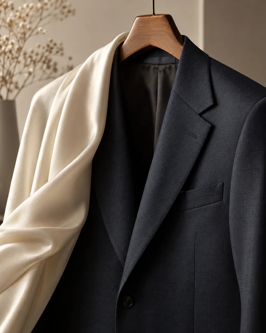 Charcoal tailored jacket beside softly draped ivory silk
