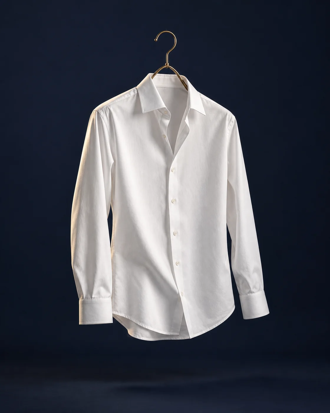 White cotton shirt suspended from a brass hanger in soft studio light