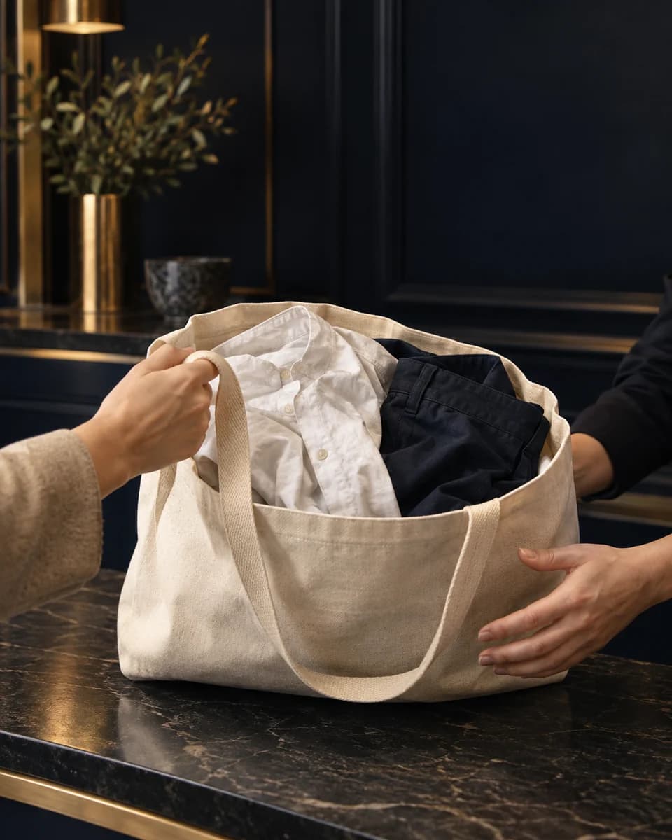 Everyday garments arriving in a canvas collection tote