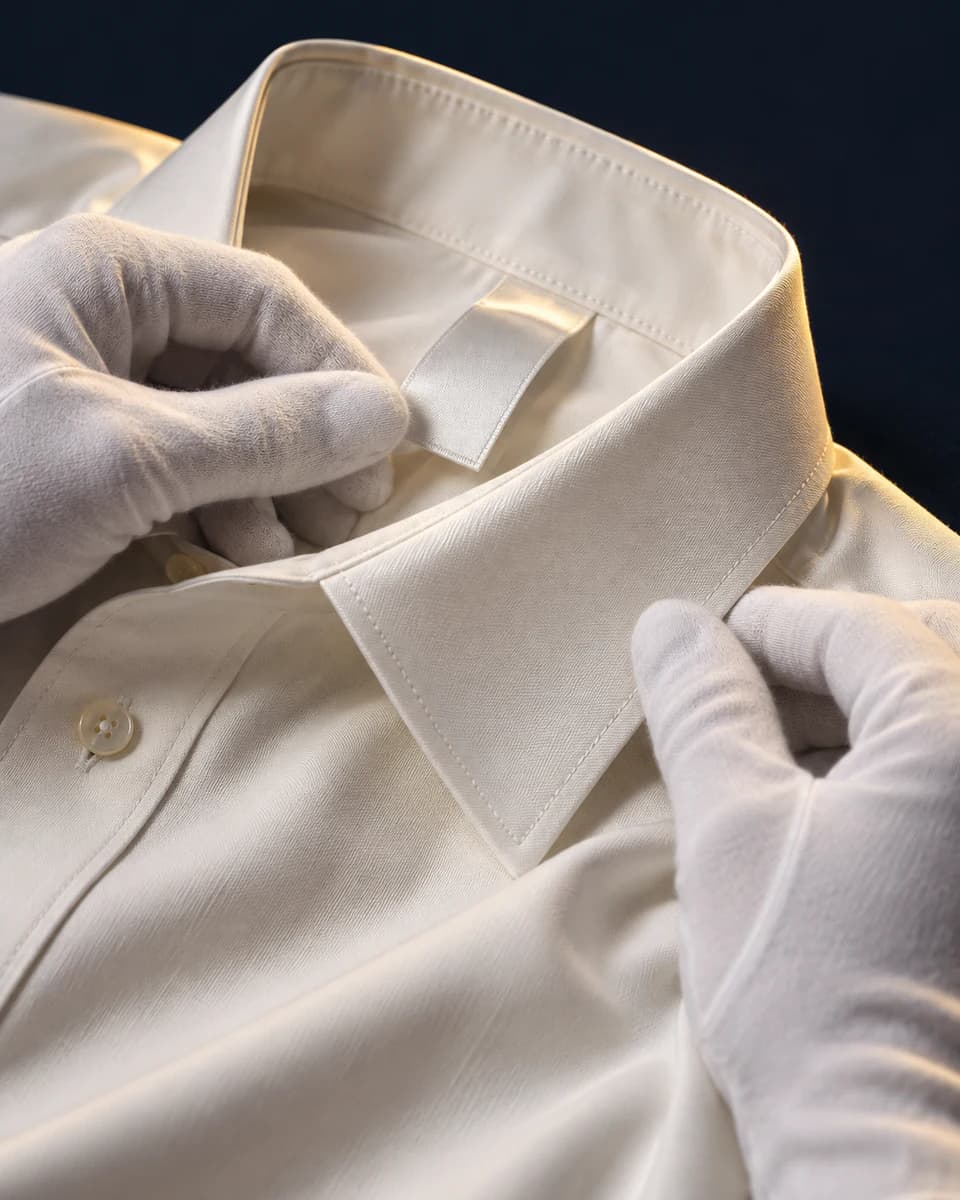 A seam and care label inspected by gloved hands