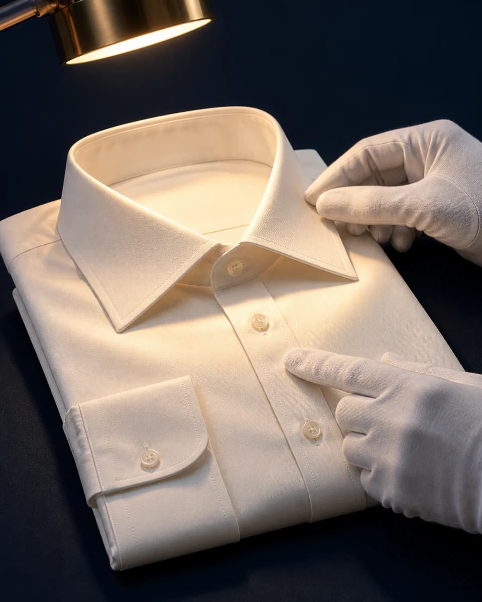 A pressed shirt receiving a final inspection