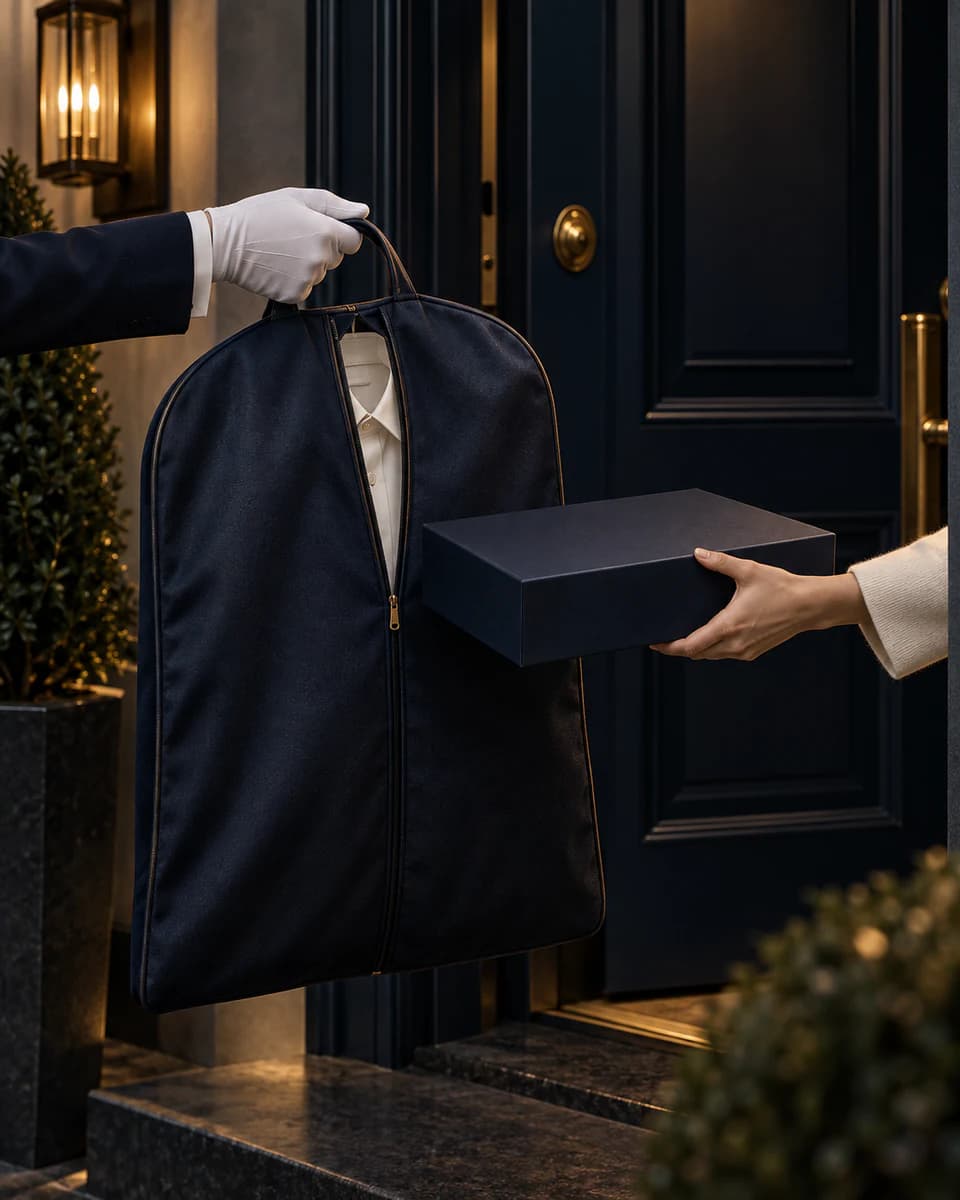 A garment bag and presentation box being handed over at an elegant doorway